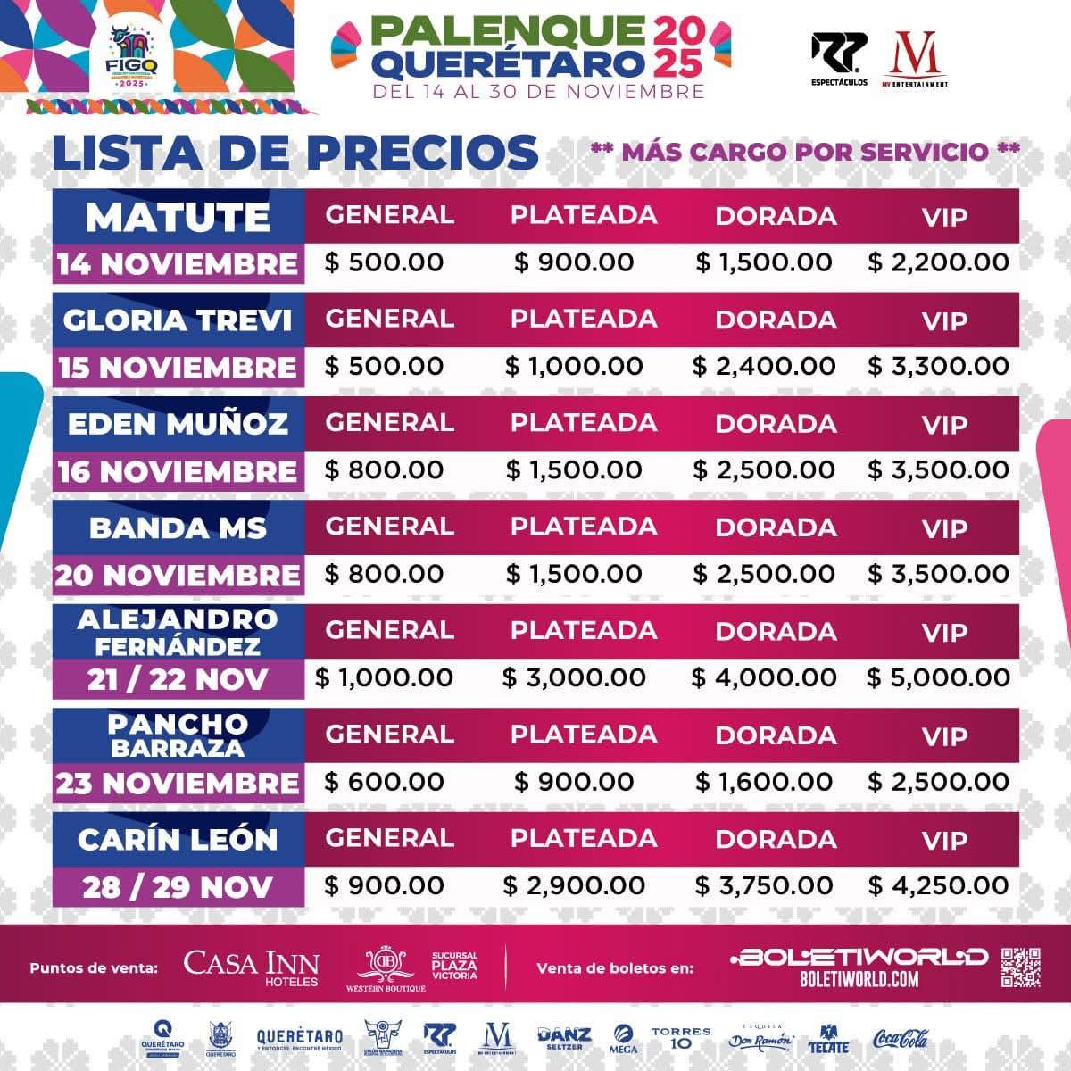 lista de precios palenque queretaro 2025